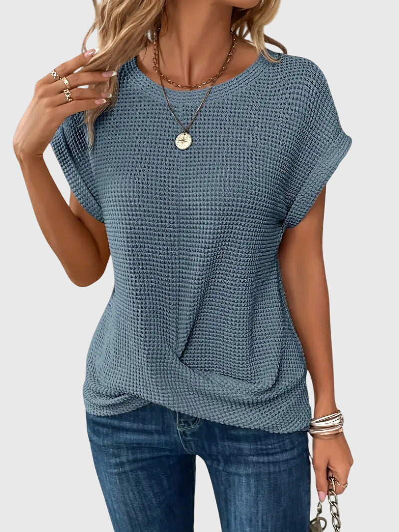 Waffle Knit Crew Neck Rolled Cuff Cap Sleeve Relaxed Top