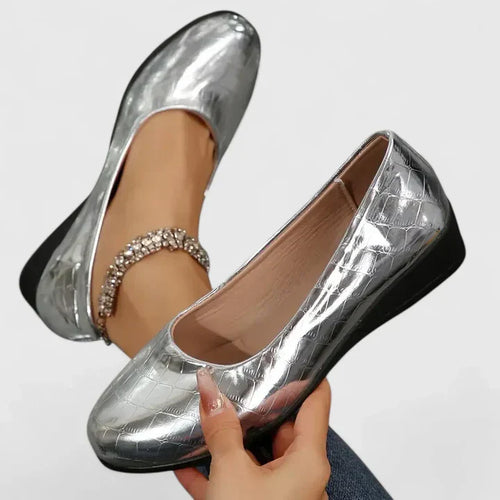 Croc Embossed Patent Slip On Low Wedge Flat