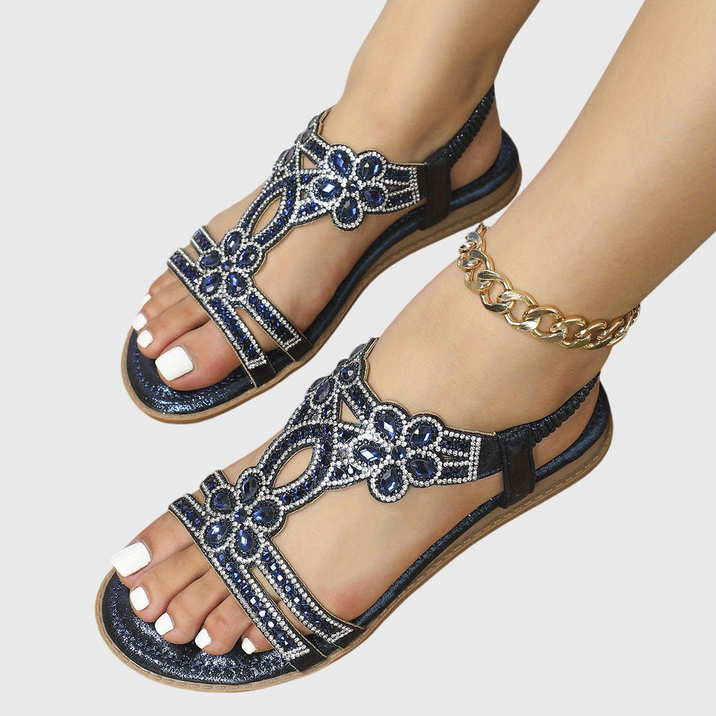 Rhinestone Embellished Cut Out Velcro Flat Sandal