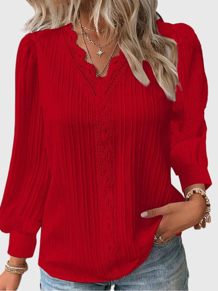 Lace Trim V Neck Textured Puff Sleeve Pullover Blouse