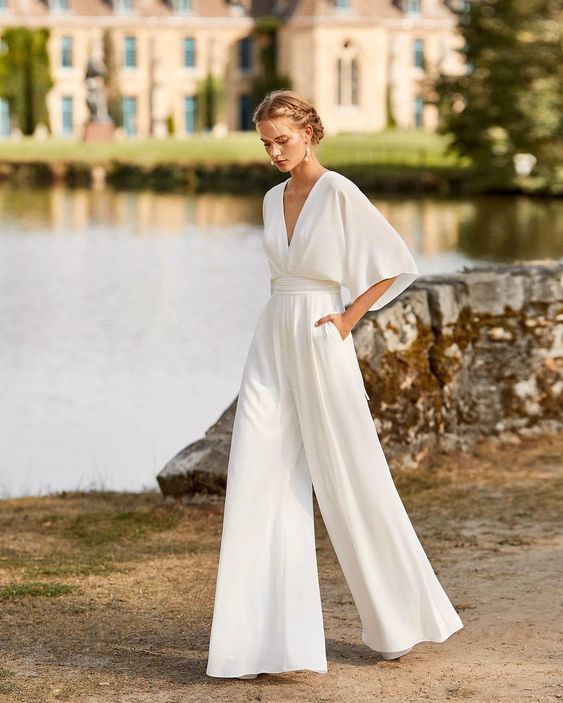 Deep V Neck Kimono Sleeve Belted Wide Leg Formal Jumpsuit