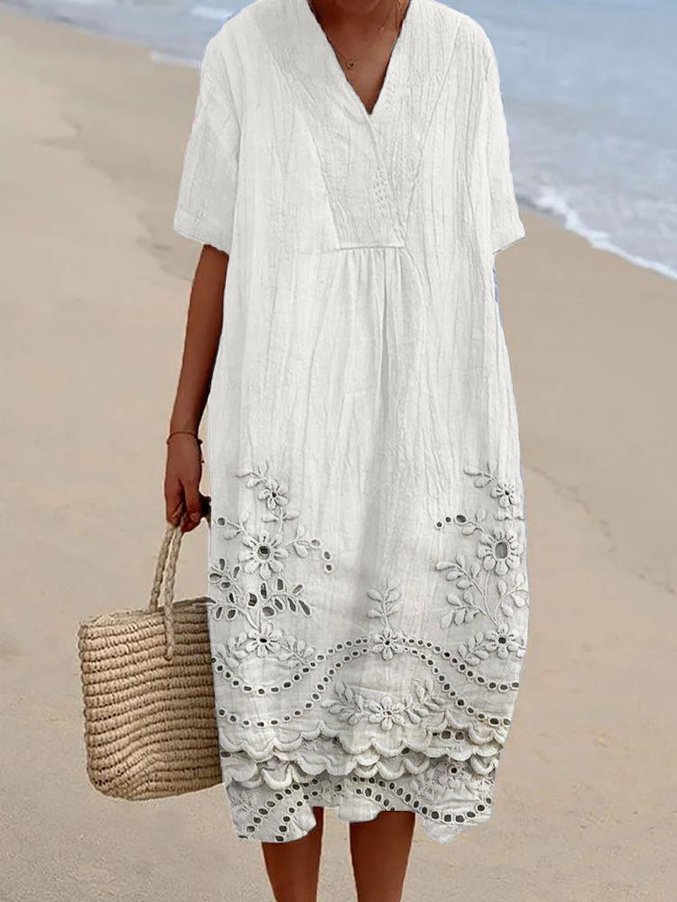 Eyelet Embroidered Hem V Neck Short Sleeve Casual Cotton Midi Dress