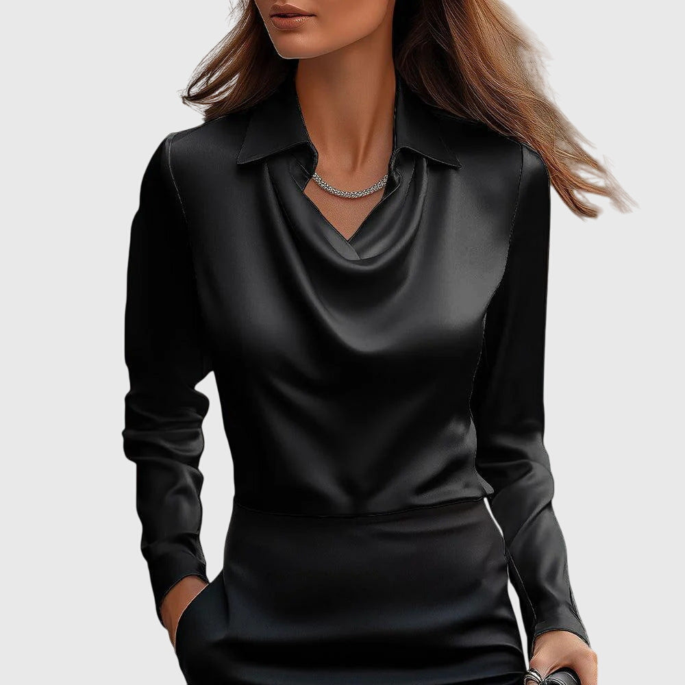 Satin Cowl Neck Collar Long Sleeve Elegant Blouse