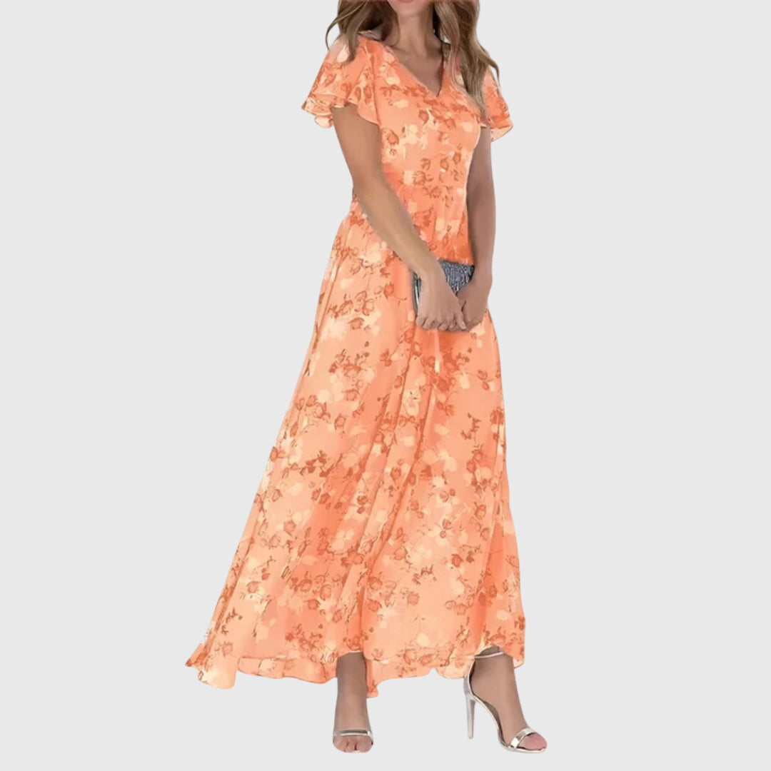 Floral Flutter Sleeve V-Neck Flowy Maxi Dress - Wedding Guest