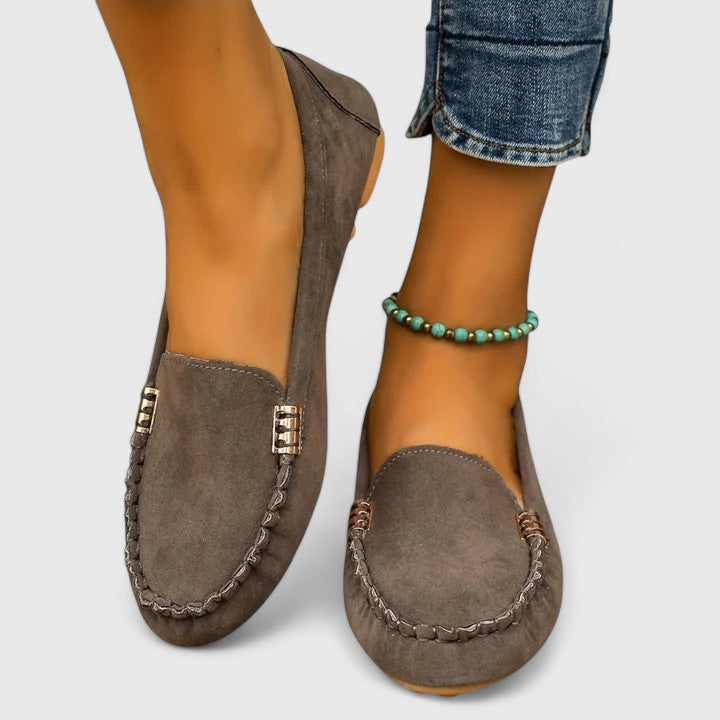 Suede Gold Bar Detail Moccasin Stitch Slip On Flat Loafer