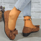 Suede Bow Detail Round Toe Slip On Wedge Ballet Flats