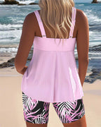 Twist Front Ribbed Tankini Top Tropical Print Short Set