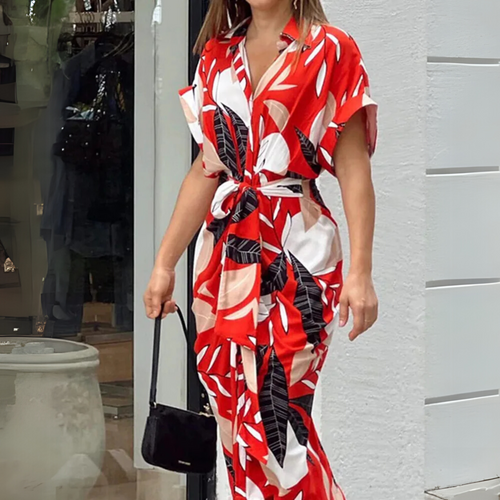 Abstract Print Button Front Tie Waist Collared Midi Summer Dress