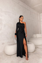 Satin One Shoulder Ruched Split Maxi Dress - Formal Evening Gown