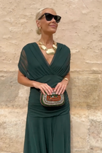 Wrap V-Neck Sheer Overlay Ruched Waist Maxi Dress - Wedding Guest