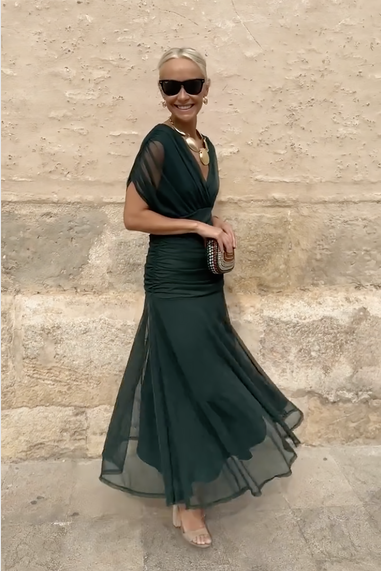 Wrap V-Neck Sheer Overlay Ruched Waist Maxi Dress - Wedding Guest