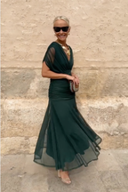 Wrap V-Neck Sheer Overlay Ruched Waist Maxi Dress - Wedding Guest