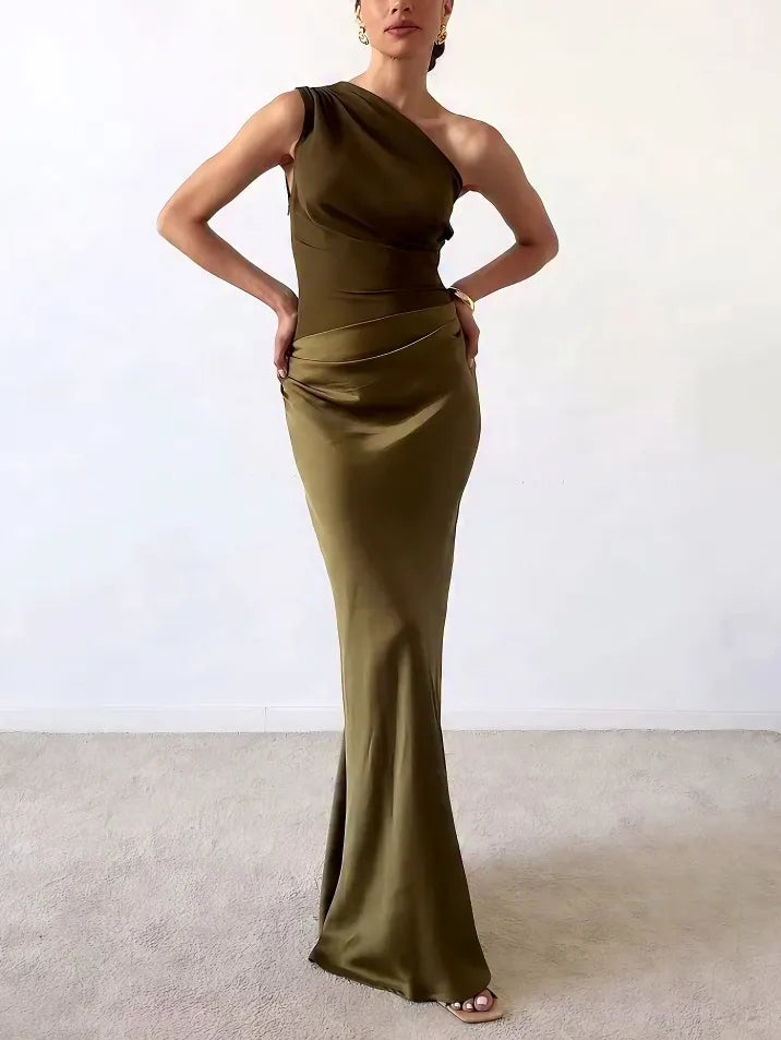 One Shoulder Ruched Satin Maxi Dress - Wedding Guest