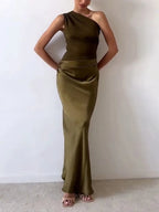 One Shoulder Ruched Satin Maxi Dress - Wedding Guest