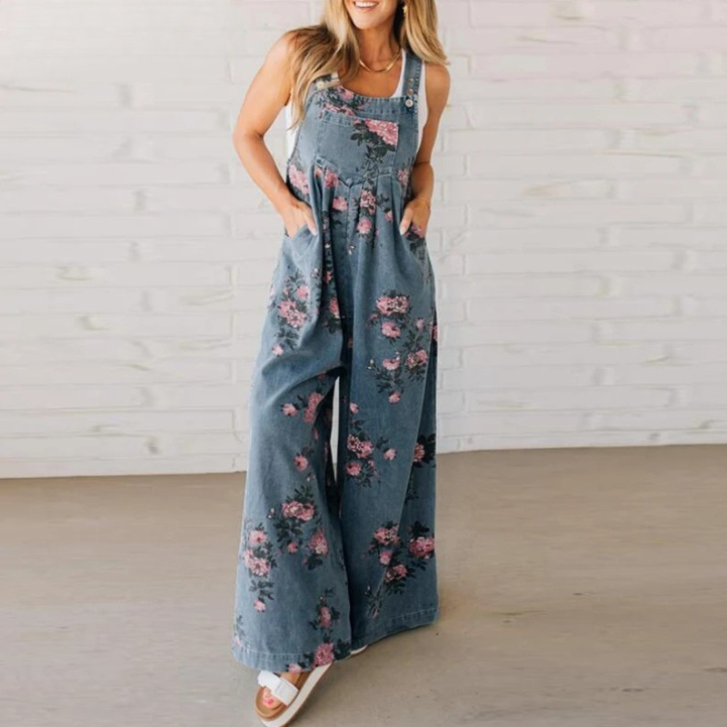 Floral Print Wide Leg Dungaree Casual Denim Jumpsuit