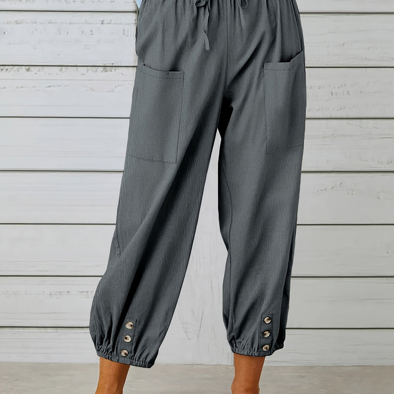 Button Cuff Patch Pocket Drawstring Capri Linen Pant