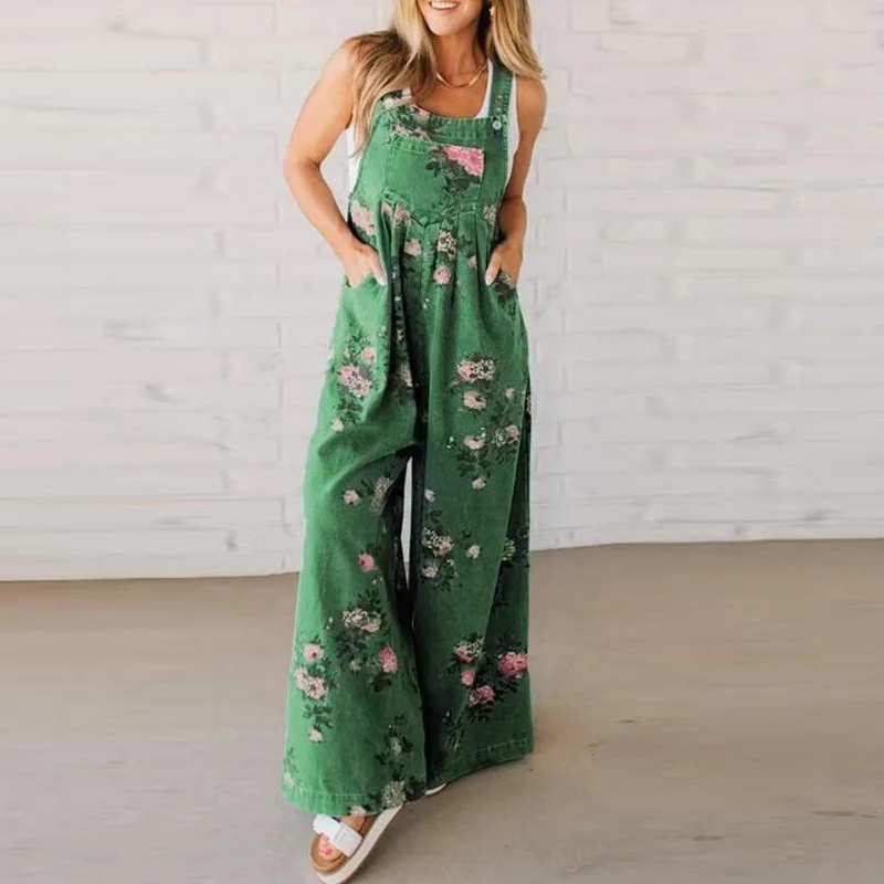 Floral Print Wide Leg Dungaree Casual Denim Jumpsuit