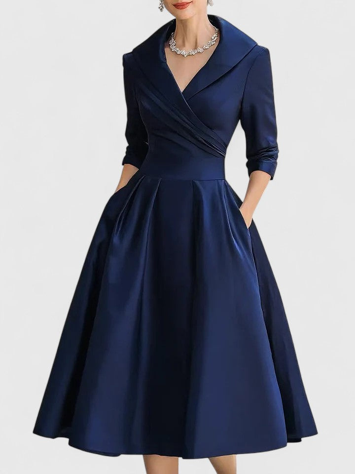 Ruched Wrap Collar A Line Satin Midi Dress - Wedding Guest