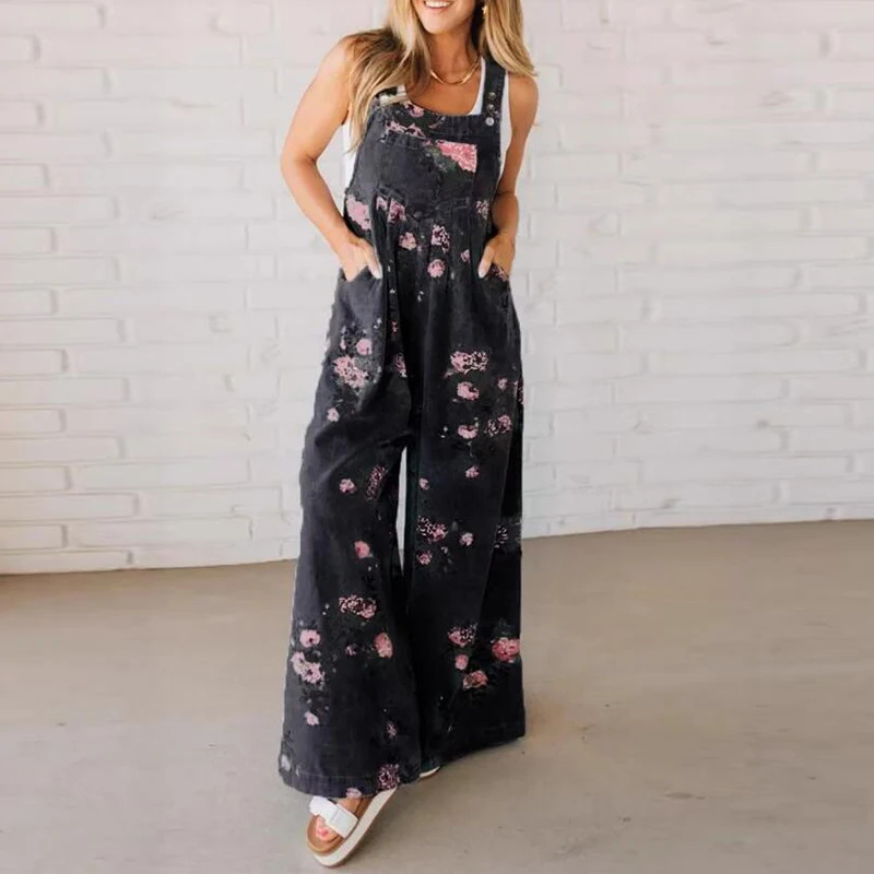 Floral Print Wide Leg Dungaree Casual Denim Jumpsuit