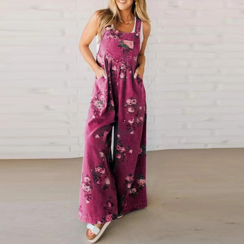 Floral Print Wide Leg Dungaree Casual Denim Jumpsuit