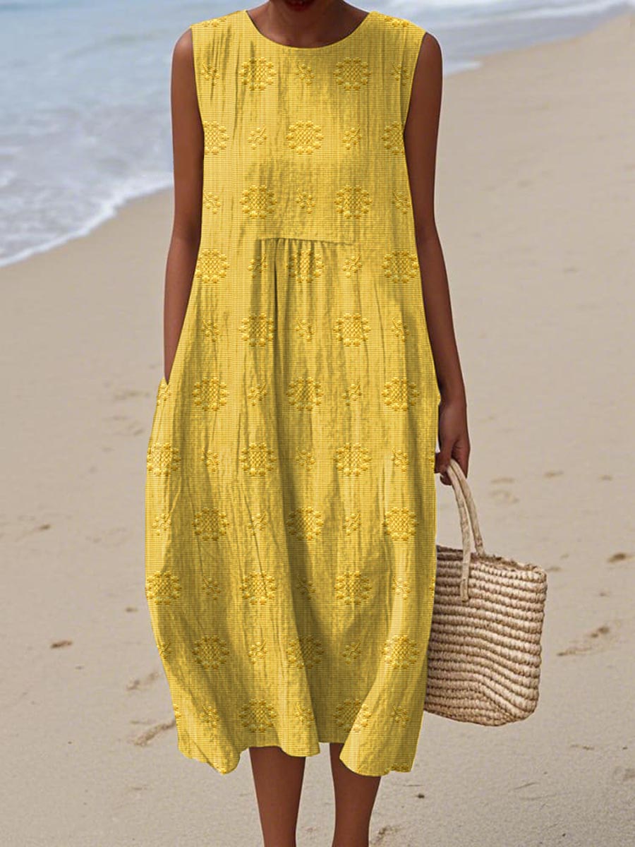 Embroidered Dot Sleeveless Smock Casual Midi Dress