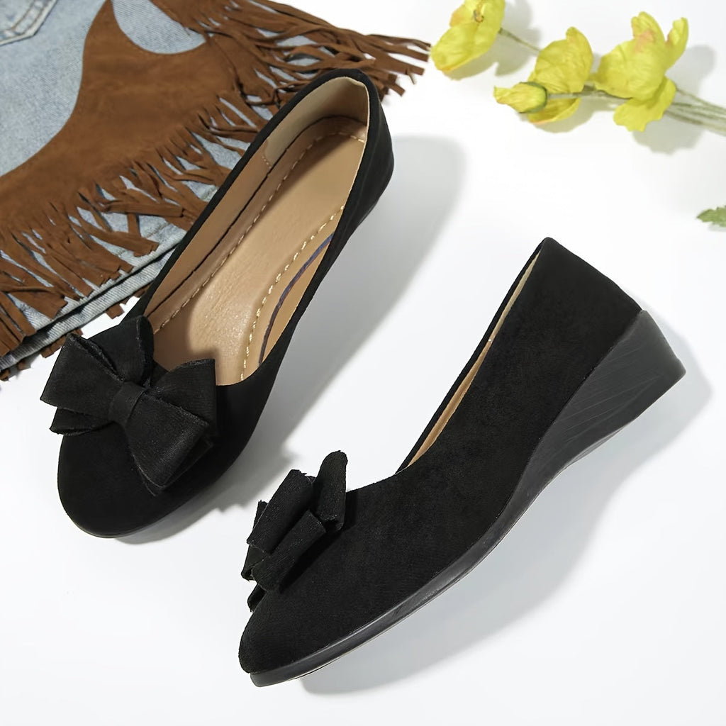 Suede Bow Detail Round Toe Slip On Wedge Ballet Flats