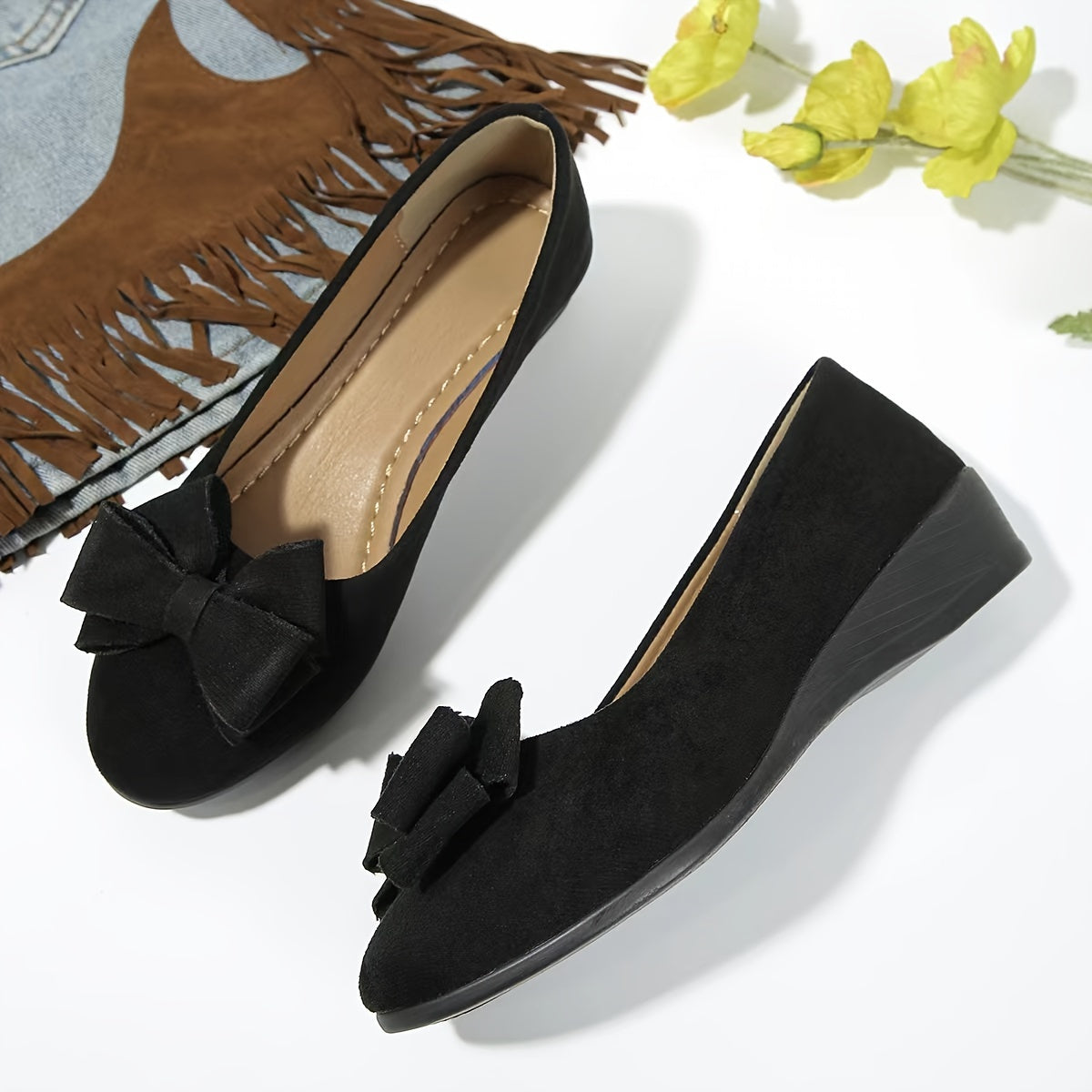 Suede Bow Detail Round Toe Slip On Wedge Ballet Flats