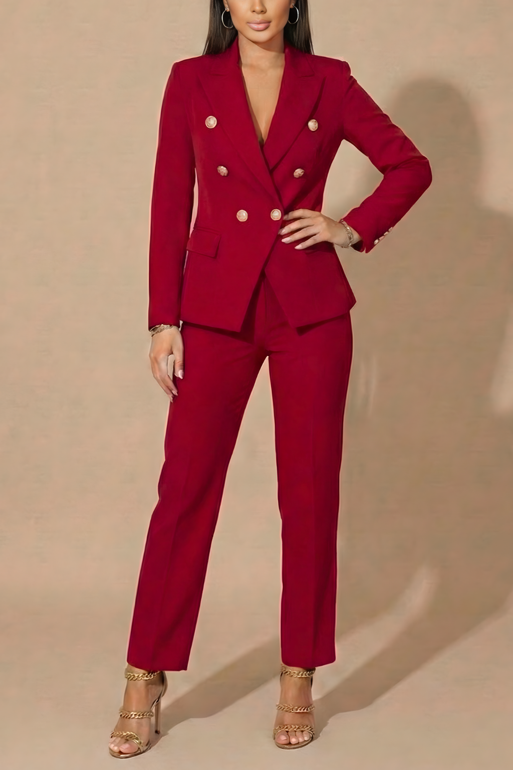 Gold Button Double Breasted Blazer Straight Leg Trouser Suit Set
