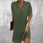 Pleated V Neck Batwing Sleeve Wrap Hem Mini Dress