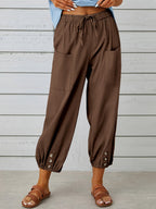 Button Cuff Patch Pocket Drawstring Capri Linen Pant