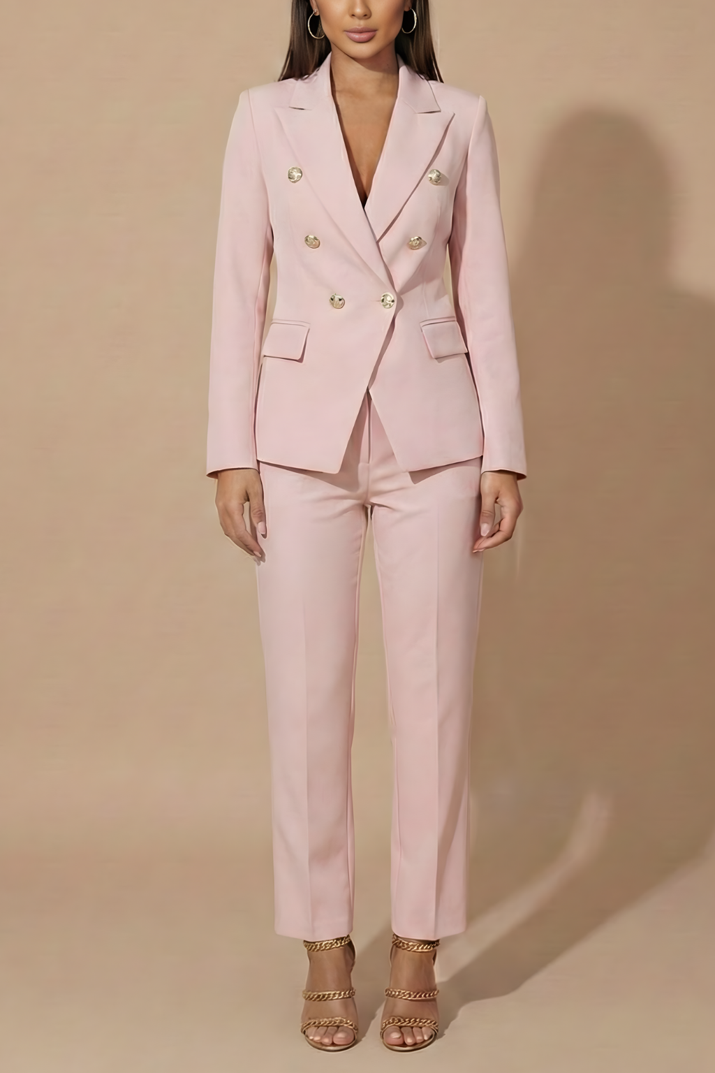 Gold Button Double Breasted Blazer Straight Leg Trouser Suit Set