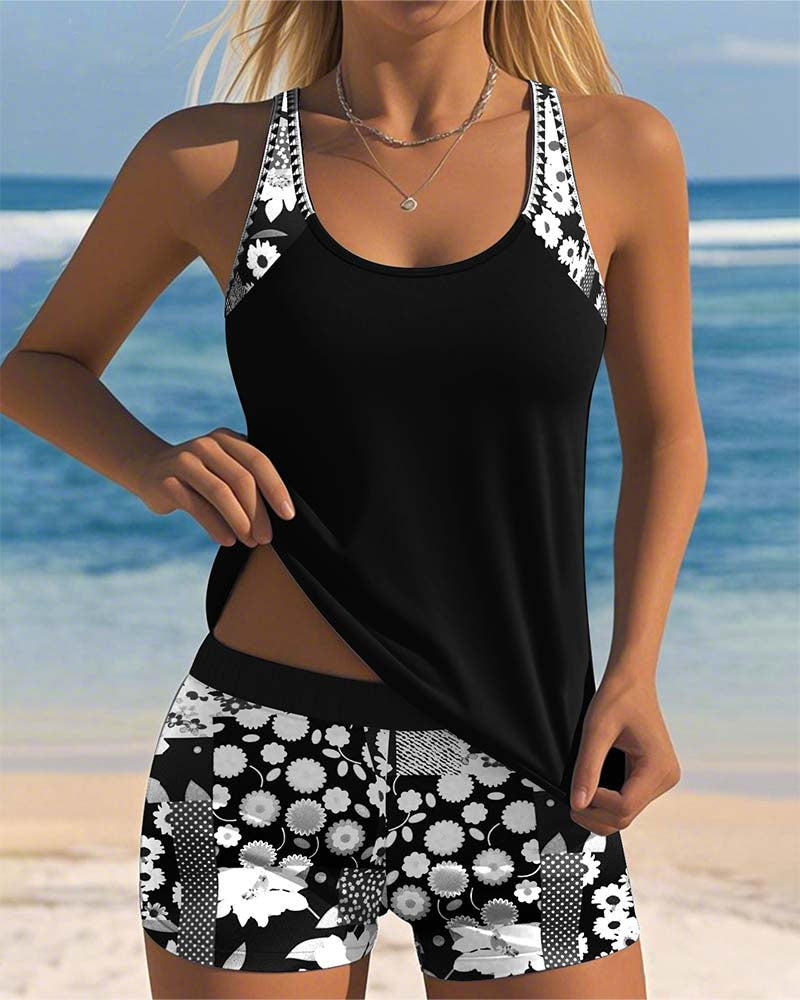 Floral Print Racerback Tankini Top Boyshort Swimsuit Set