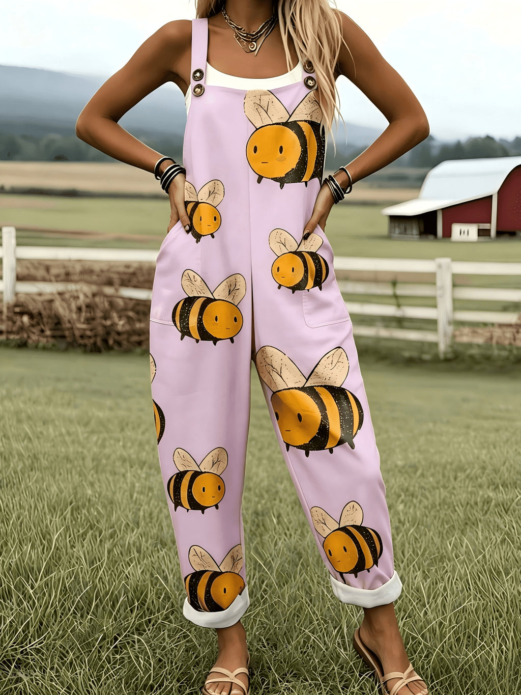 Oversized Bee Print Adjustable Strap Roll Cuff Casual Jumpsuit