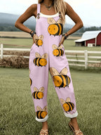 Oversized Bee Print Adjustable Strap Roll Cuff Casual Jumpsuit