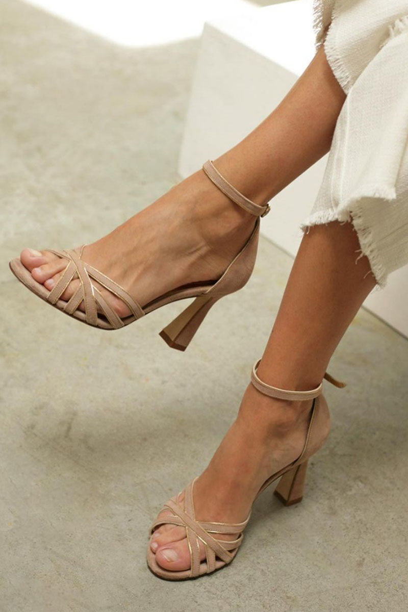 Strappy Cross Toe Ankle Strap Suede Block Heel Sandal