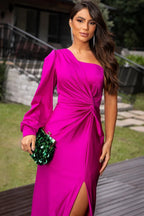Satin One Shoulder Ruched Split Maxi Dress - Formal Evening Gown