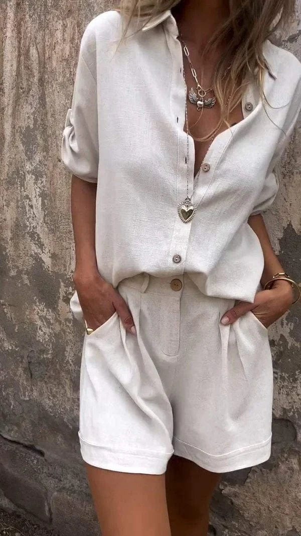 Oversized Linen Shirt Tailored Short Two Piece Set- Summer