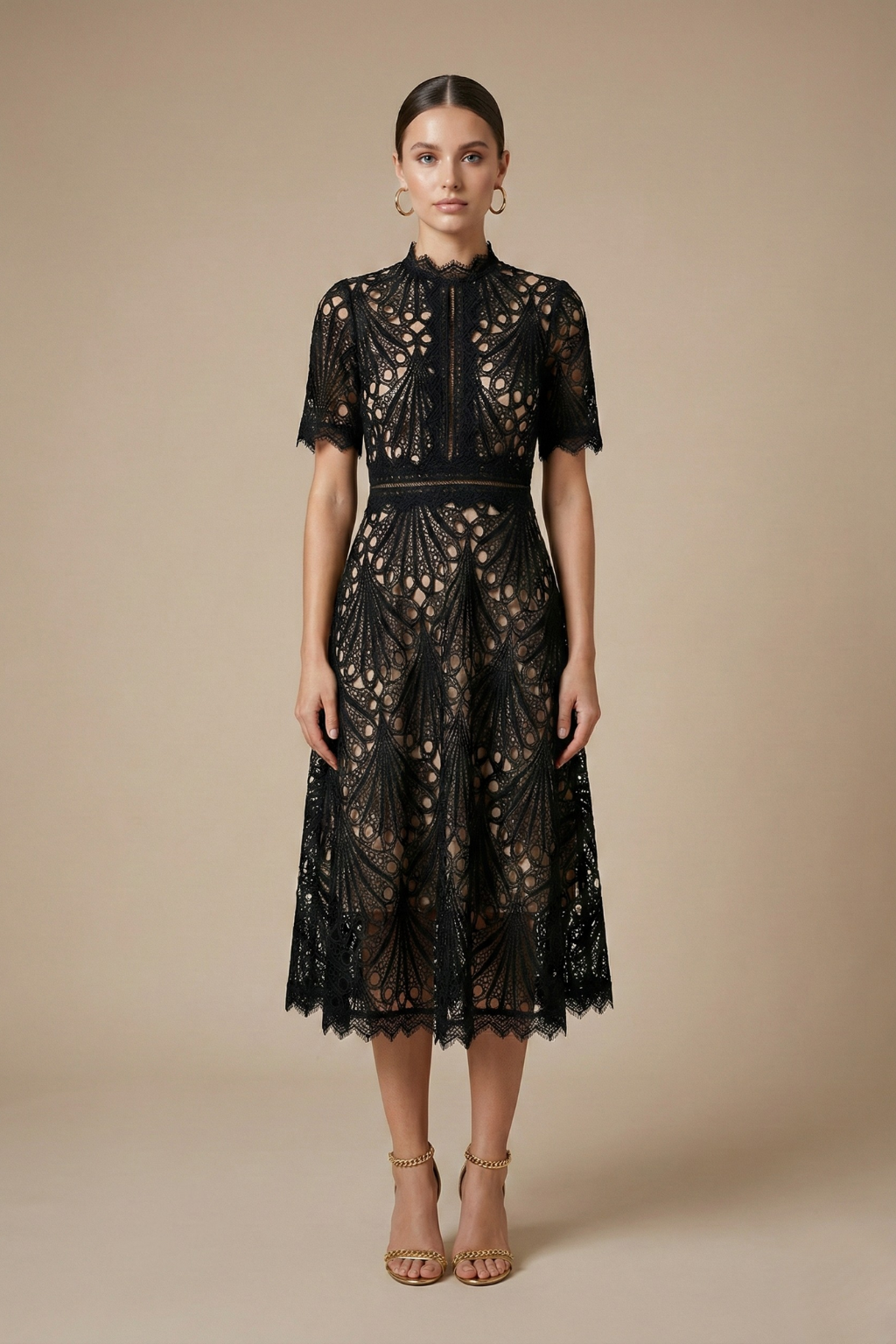 Cutwork Lace High Neck A Line Midi Dress - Wedding Guest