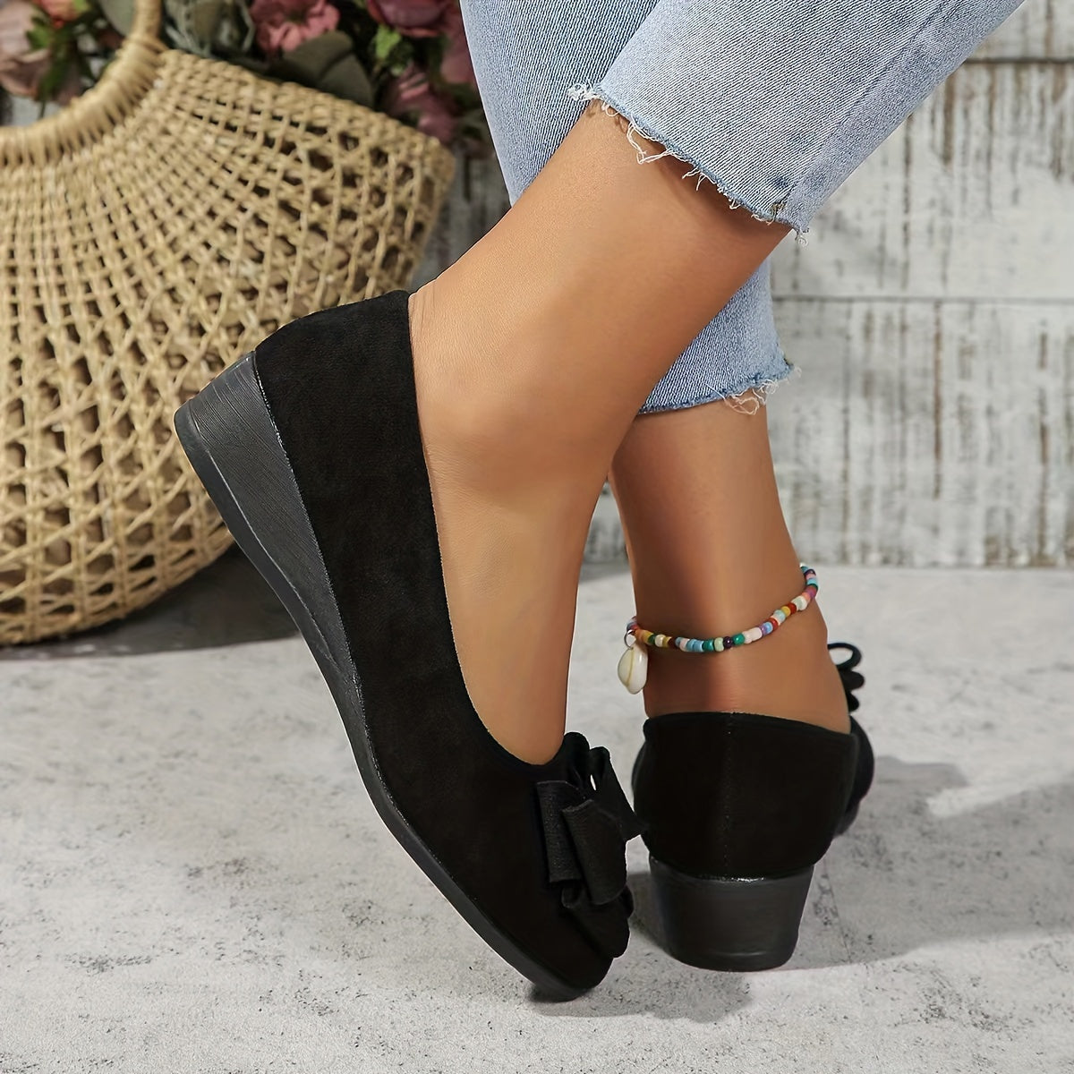 Suede Bow Detail Round Toe Slip On Wedge Ballet Flats
