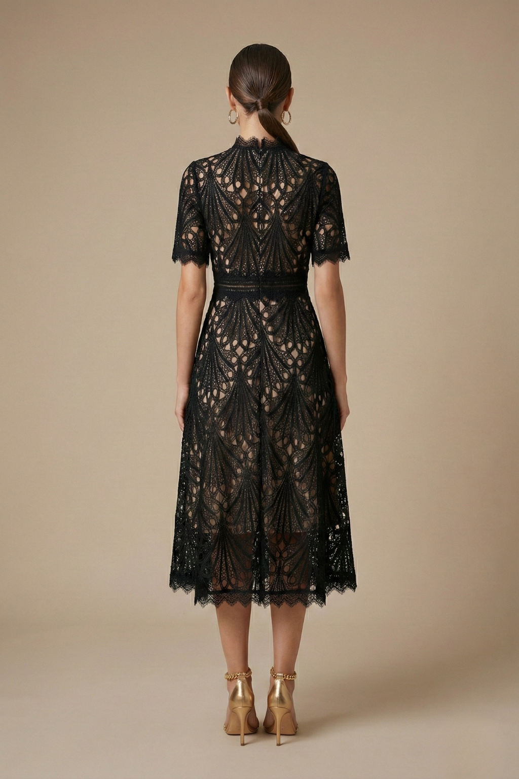Cutwork Lace High Neck A Line Midi Dress - Wedding Guest
