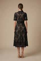 Cutwork Lace High Neck A Line Midi Dress - Wedding Guest