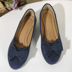 Suede Bow Detail Round Toe Slip On Wedge Ballet Flats