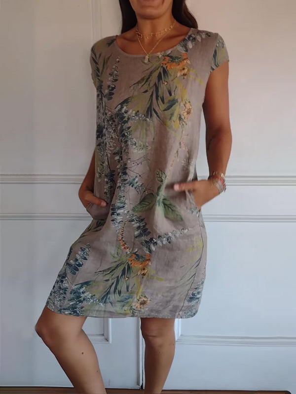 Tropical Botanical Print Cap Sleeve Pocket Casual Linen Dress
