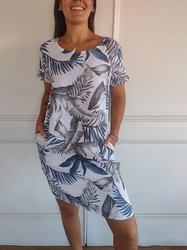 Tropical Botanical Print Cap Sleeve Pocket Casual Linen Dress