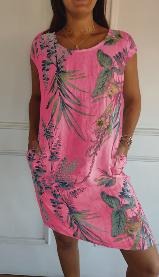 Tropical Botanical Print Cap Sleeve Pocket Casual Linen Dress