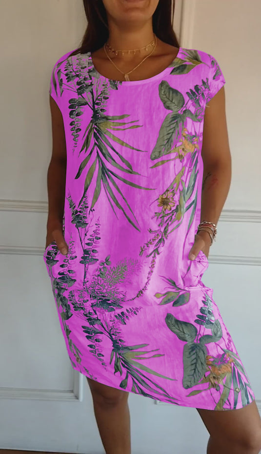 Tropical Botanical Print Cap Sleeve Pocket Casual Linen Dress