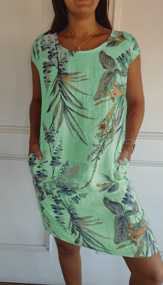 Tropical Botanical Print Cap Sleeve Pocket Casual Linen Dress