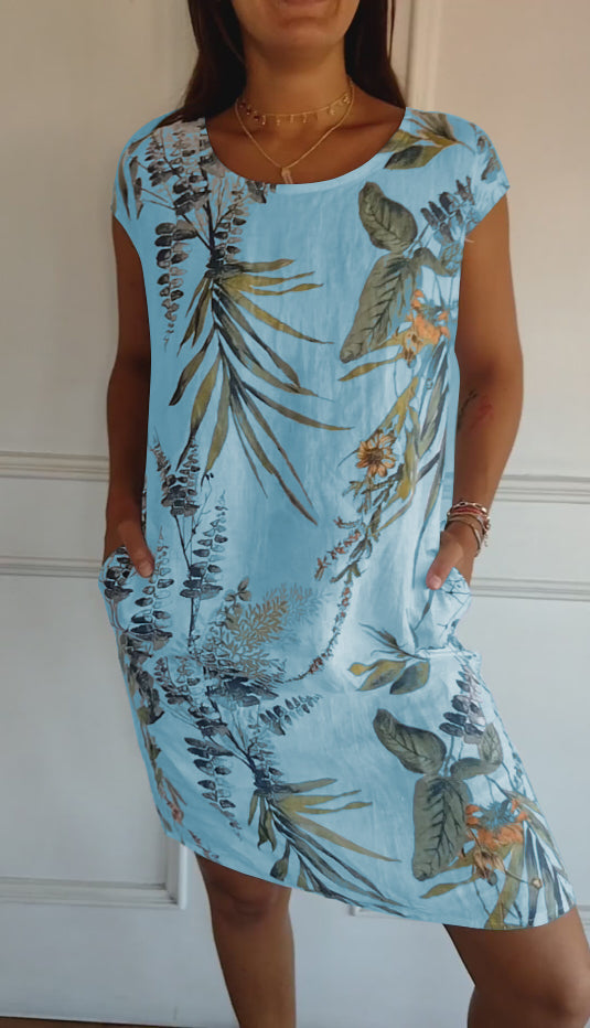 Tropical Botanical Print Cap Sleeve Pocket Casual Linen Dress