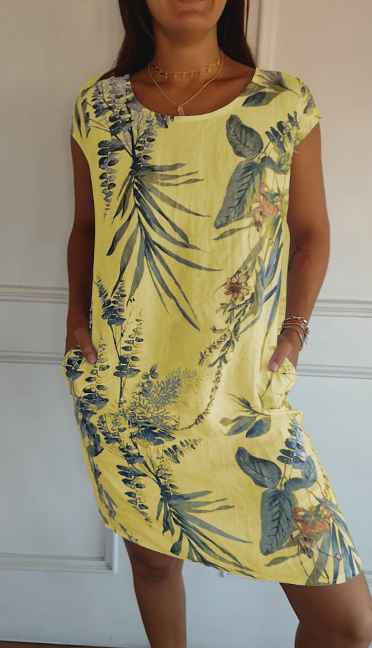 Tropical Botanical Print Cap Sleeve Pocket Casual Linen Dress