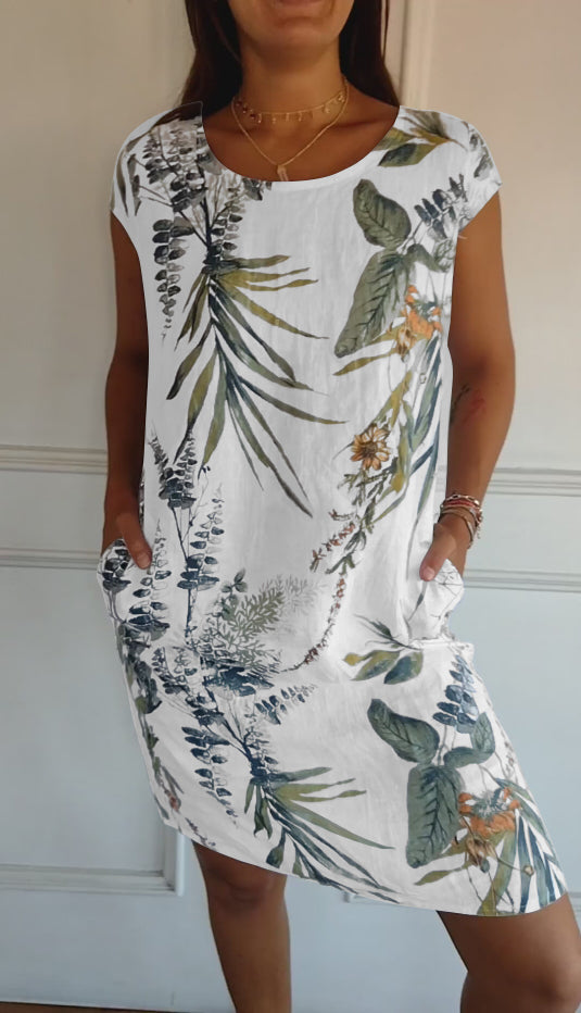 Tropical Botanical Print Cap Sleeve Pocket Casual Linen Dress